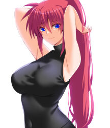 Rule 34 | 1girl, armpits, arms up, black shirt, breasts, closed mouth, commentary, covered navel, engo (aquawatery), halterneck, hands in hair, large breasts, long hair, looking at viewer, lyrical nanoha, pink hair, ponytail, shirt, signum, simple background, sleeveless, sleeveless shirt, smile, solo, white background