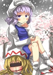 Rule 34 | 2girls, ball gag, blindfold, blonde hair, cherry blossoms, drooling, gag, gagged, gaoo (frpjx283), highres, letty whiterock, light purple hair, lily white, multiple girls, purple eyes, sitting, sitting on person, snowing, touhou, wiffle gag