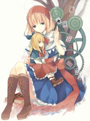 Rule 34 | 1girl, alice margatroid, bad id, bad pixiv id, blonde hair, blue eyes, blush, book, bow, capelet, card, cranio, cross-laced footwear, doll, dress, female focus, hair bow, hairband, needle, playing card, ribbon, shanghai doll, short hair, smile, solo, touhou