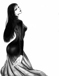 Rule 34 | 1990s (style), 1girl, arched back, arm at side, ass, back, blunt bangs, breasts, closed mouth, cowboy shot, dress, expressionless, eyelashes, from behind, greyscale, hakumen no mono, kyuu (dounanoyo), kyuu (pixiv 539625), lips, lipstick, long hair, long sleeves, looking at viewer, looking back, makeup, medium breasts, monochrome, retro artstyle, simple background, solo, standing, tight clothes, towako (ushio to tora), ushio to tora, white background