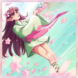 Rule 34 | 1girl, artist name, day, flower, green eyes, hair flower, hair ornament, inuyasha, japanese clothes, long hair, lowres, petals, pink hair, pointy ears, shunran (inuyasha), sky, solo, teeth, very long hair, water
