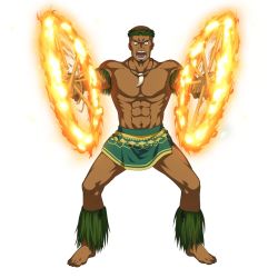 Rule 34 | 10s, 1boy, agil, bald, bare shoulders, barefoot, beard, collarbone, dark skin, dark-skinned male, facial hair, fire, full body, green skirt, highres, jewelry, looking at viewer, male focus, muscular, necklace, official art, open mouth, skirt, solo, sword art online, tribal, white background