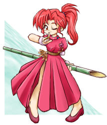 Rule 34 | 1girl, 538nagato, ;), anna (fire emblem), bamboo, bamboo spear, dress, finger to mouth, fire emblem, fire emblem: mystery of the emblem, heart, high heels, holding, jewelry, long hair, nintendo, one eye closed, orange eyes, pink dress, red footwear, red hair, ring, shoes, side slit, simple background, smile, solo