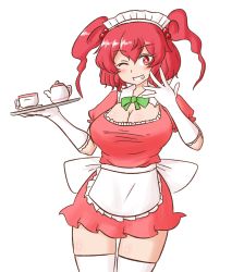 Rule 34 | 1girl, ;d, alternate costume, apron, breasts, cleavage, cowboy shot, cup, dress, gloves, hair bobbles, hair ornament, holding, holding tray, large breasts, looking at viewer, maid, maid headdress, mizusoba, one eye closed, onozuka komachi, open mouth, red dress, red eyes, red hair, short hair, simple background, smile, solo, standing, teacup, teapot, thighhighs, touhou, tray, two side up, waist apron, white apron, white background, white gloves, white thighhighs