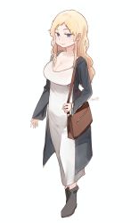 Rule 34 | 1girl, ankle boots, bag, black footwear, blonde hair, blue eyes, boots, breasts, cleavage, closed mouth, coat, dress, grey coat, highres, large breasts, long dress, long hair, looking at viewer, open clothes, open coat, original, ryusei hashida, shoulder bag, signature, simple background, smile, solo, watch, white background, white dress, wristwatch