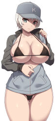 Rule 34 | 1girl, baseball cap, bikini, black bikini, black jacket, blue eyes, breasts, cleavage, closed mouth, collarbone, commentary request, covered erect nipples, girls und panzer, grey hair, grey hat, grey jacket, hat, highres, huge breasts, jacket, large breasts, long sleeves, looking at viewer, micro bikini, multicolored clothes, multicolored jacket, samegami, short hair, simple background, solo, standing, swimsuit, thick thighs, thighs, two-tone jacket, unzipping, white background, youko (girls und panzer)