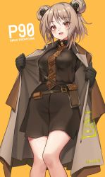 Rule 34 | 1girl, black gloves, blush, breasts, choker, coat, collared shirt, commission, double bun, dress shirt, girls&#039; frontline, gloves, hair bun, highres, light brown hair, medium breasts, medium hair, necktie, open mouth, p90 (girls&#039; frontline), p90 (the girl from b.e.l) (girls&#039; frontline), red eyes, second-party source, shirt, skeb commission, skirt, smile, solo, toryu fufu