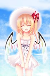 Rule 34 | 1girl, :d, ^ ^, alternate costume, bare shoulders, blonde hair, blush, bow, casual, closed eyes, dress, dress tug, flandre scarlet, gradient background, hair bow, hat, highres, open mouth, pointy ears, reimei (r758120518), side ponytail, smile, solo, sun hat, sundress, teeth, touhou, wings