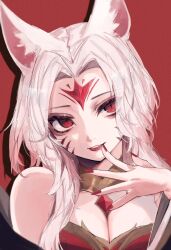 Rule 34 | 1girl, ahri (league of legends), animal ears, breasts, cleavage, facial mark, fingernails, forehead mark, fox ears, highres, immortalized legend ahri, league of legends, long hair, looking ahead, nail polish, nakiyande, official alternate costume, official alternate hairstyle, parted bangs, parted lips, red background, red eyes, red nails, sidelocks, simple background, smile, solo, upper body, whisker markings, white hair