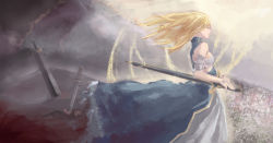 Rule 34 | 1girl, artoria pendragon (fate), bare shoulders, blonde hair, breasts, caliburn (fate), dress, excalibur (fate/stay night), fate/stay night, fate/zero, fate (series), field of blades, hair down, half-closed eyes, highres, long hair, riftgarret, saber (fate), sideboob, small breasts, solo, sword, torn clothes, torn dress, weapon
