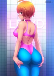 Rule 34 | 1girl, absurdres, ahoge, alternate costume, artist name, ass, ass support, back, back cutout, blue pantyhose, breasts, character name, choker, closed mouth, clothing cutout, copyright name, cowboy shot, english text, from behind, gradient background, highres, leotard, looking at viewer, looking back, median furrow, medium breasts, narumi tanaka, orange hair, pantyhose, pink choker, pink leotard, profile, red eyes, short hair, sideboob, smile, solo, standing, strap gap, thighs, thong, thong leotard, grid background, tiles, yukino memories, zel-sama