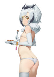 Rule 34 | 10s, 1girl, animal ears, ass, back, bare shoulders, bra, butt crack, closed mouth, cowboy shot, curry, curry rice, eating, elbow gloves, flat chest, food, food on face, from behind, fur collar, gloves, grey hair, highres, holding, kemono friends, looking at viewer, looking back, northern white-faced owl (kemono friends), panties, rice, short hair, simple background, single thighhigh, skindentation, solo, spoon, standing, thighhighs, underwear, waterkuma, white background, white bra, white panties, white thighhighs, wristband