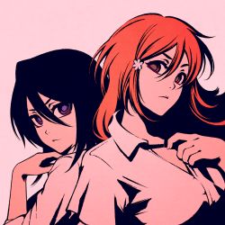 Rule 34 | 2girls, black hair, bleach, blue eyes, breasts, brown eyes, canvas (medium), closed mouth, commentary, dress shirt, english commentary, expressionless, flower, hair between eyes, hair flower, hair ornament, hand on own chest, inoue orihime, kuchiki rukia, large breasts, long bangs, long hair, looking at viewer, looking back, moshimoshibe, multiple girls, pink background, red hair, serious, shirt, short hair, simple background, v-shaped eyebrows, white flower