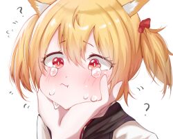 Rule 34 | 1girl, 1other, :t, ?, arknights, black vest, blonde hair, blush, closed mouth, crying, crying with eyes open, flying sweatdrops, hair between eyes, hair ribbon, highres, langou62797, out of frame, red eyes, red ribbon, ribbon, shirt, simple background, sora (arknights), tears, twintails, upper body, vest, wavy eyes, wavy mouth, white background, white shirt