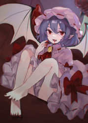 Rule 34 | 1girl, absurdres, ascot, barefoot, bat wings, blood, blood on face, blood on hands, bow, convenient skirt, dress, dress bow, fangs, frilled dress, frills, hat, hat bow, highres, kani nyan, legs, mob cap, nail polish, pointy ears, purple hair, red eyes, remilia scarlet, short hair, sitting, sleeve bow, solo, toenail polish, toenails, touhou, wings