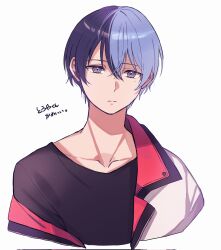 Rule 34 | 1boy, aoyagi touya, black shirt, blue hair, closed mouth, commentary request, dark blue hair, grey eyes, hair between eyes, highres, kinomi 3030, looking at viewer, male focus, mole, mole under eye, multicolored hair, official alternate costume, project sekai, shirt, simple background, solo, split-color hair, stray bad dog (project sekai), t-shirt, translation request, two-tone hair, upper body, white background