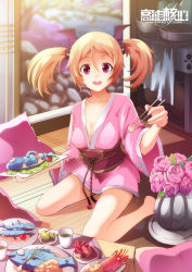 Rule 34 | 1girl, blonde hair, breasts, chopsticks, cleavage, collarbone, cup, covered erect nipples, fish, food, full body, giving, highres, holding, holding food, indoors, japanese clothes, kimono, looking at viewer, obi, on floor, open mouth, original, pillow, pink kimono, plate, purple eyes, sash, short kimono, short twintails, sitting, smile, solo, tanchamh, tray, twintails, wooden floor