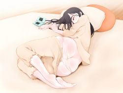 Rule 34 | 1girl, ass, barefoot, clothes pull, closed eyes, feet, handheld game console, lying, miito shido, nintendo ds, on side, pajamas, panties, pants, pants pull, panty pull, sleeping, solo, underwear, white panties