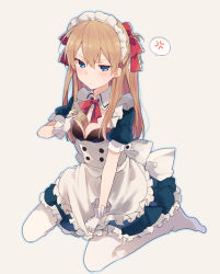 Rule 34 | 1girl, alternate costume, anger vein, apron, between breasts, blue dress, blue eyes, blush, bow, breasts, cleavage, closed mouth, detached collar, dress, enmaided, frilled apron, frilled dress, frills, gloves, grey background, hair between eyes, hair bow, ikeuchi tanuma, light brown hair, long hair, maid, maid headdress, medium breasts, money, neon genesis evangelion, no shoes, pantyhose, pleated dress, puffy short sleeves, puffy sleeves, red bow, short sleeves, simple background, sitting, solo, souryuu asuka langley, spoken anger vein, sweat, tucked money, very long hair, waist apron, wariza, white apron, white gloves, white pantyhose, wing collar