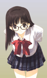 Rule 34 | black hair, bow, brown eyes, glasses, highres, long hair, nakamura takeshi, plaid, plaid skirt, school uniform, skirt, solo