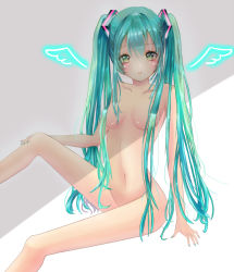 Rule 34 | 00s, 1girl, aqua hair, aqua nails, arm support, blush, breasts, closed mouth, convenient censoring, convenient leg, green eyes, hair censor, hair over breasts, hand on leg, hatsune miku, long hair, looking at viewer, medium breasts, nail polish, navel, nude, okiya, sitting, solo, twintails, vocaloid, wings