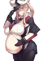 Rule 34 | 1girl, belly, cross, graf zeppelin (kancolle), hat, highres, iron cross, kantai collection, kuronyan, peaked cap, pregnant, tagme, thighhighs, white background