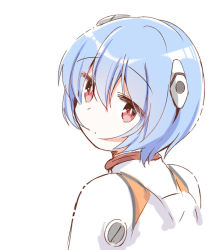 Rule 34 | 1girl, ayanami rei, blue hair, bodysuit, closed mouth, commentary request, facing away, hair ornament, hairpods, interface headset, looking at viewer, looking back, multicolored bodysuit, multicolored clothes, neon genesis evangelion, pilot suit, plugsuit, red eyes, short hair, simple background, sketch, solo, tatsunokosso, white background, white bodysuit
