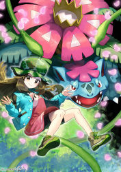 Rule 34 | 1girl, bike shorts, brown eyes, brown hair, buttons, closed mouth, commentary request, creatures (company), dress, eyelashes, floating hair, game freak, gen 1 pokemon, green headwear, green jacket, hands up, hat, highres, jacket, knees, leaf (pokemon), leaf (sygna suit) (pokemon), long hair, long sleeves, looking at viewer, mega pokemon, mega venusaur, nintendo, official alternate costume, open clothes, open jacket, pink dress, plant, pokemon, pokemon (creature), pokemon masters ex, shoes, sleeves past wrists, smile, venusaur, vines, yamanashi taiki