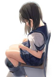 Rule 34 | 1girl, backlighting, black hair, blouse, blue skirt, blush, breasts, brown eyes, bucket, bucket of water, chair, clothes lift, from side, legs together, long hair, medium breasts, original, parsley-f, pleated skirt, profile, school uniform, serafuku, shirt, short sleeves, simple background, sitting, skirt, skirt lift, soaking feet, solo, sweat, sweatdrop, thighs, wet, white background, white shirt
