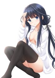 Rule 34 | &gt;:t, 10s, 1girl, :t, adagaki aki, backlighting, black hair, black thighhighs, blue eyes, blush, breasts, closed mouth, collarbone, dress shirt, grey ribbon, hair ribbon, hand on own head, hand up, highres, kazenokaze, long hair, long legs, low twintails, masamune-kun no revenge, medium breasts, pout, ribbon, shirt, simple background, sitting, solo, striped ribbon, tears, thighhighs, thighs, twintails, v-shaped eyebrows, white background