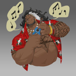 Rule 34 | arm tattoo, bara, beard, black hair, bracelet, chest tattoo, earrings, facial hair, hawaiian shirt, highres, instrument, jewelry, male focus, mature male, mauga (overwatch), muscular, muscular male, musical note, navel, necklace, nesskain, official art, overwatch, overwatch 2, red shirt, shirt, tattoo, teeth, thick arms, thick eyebrows, tooth necklace, ukulele
