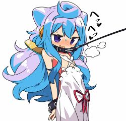 Rule 34 | 1boy, arms behind back, blue hair, blush, collar, dress, hacka doll, hacka doll 3, kanikama, leash, long hair, lowres, male focus, purple eyes, simple background, solo, trap, white background, white dress