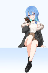 Rule 34 | 1girl, absurdres, ankle boots, black choker, black footwear, black jacket, blue eyes, blue hair, blush, boots, breasts, brown skirt, buttons, choker, collarbone, commentary, cross-laced footwear, english commentary, felutiahime, full body, fur-trimmed jacket, fur trim, gift, hair between eyes, highres, holding, holding gift, hololive, hoshimachi suisei, jacket, lace-up boots, long hair, looking at viewer, mixed-language commentary, off shoulder, plaid, plaid skirt, shirt, simple background, sitting, skirt, sleeveless, sleeveless shirt, small breasts, smile, solo, star (symbol), star in eye, straight hair, symbol in eye, teeth, valentine, virtual youtuber, white background