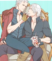 Rule 34 | 2boys, arm around neck, blouse, blue eyes, boots, breasts, chair, chaps, cleavage, dante (devil may cry), devil may cry, devil may cry (series), devil may cry 3, devil may cry 4, eye contact, facial hair, feeding, fingerless gloves, food, fruit, gloves, incest, jacket, jacket on shoulders, kinokooooo, knee boots, looking at another, male focus, multiple boys, muscular, pants, parfait, pectorals, shirt, short hair, siblings, sitting, sitting on lap, sitting on person, sleeveless, sleeveless shirt, spread legs, strawberry, striped, striped background, stubble, sweat, unzipped, vergil (devil may cry), vertical stripes, vest, whipped cream, white hair, yaoi