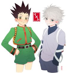 Rule 34 | 2boys, backpack, bag, belt, belt buckle, black hair, blue eyes, blush, buckle, closed mouth, gon freecss, green shorts, hands in pockets, hands on own hips, highres, hunter x hunter, killua zoldyck, layered sleeves, long sleeves, looking at viewer, multiple boys, pinky narakorn, short over long sleeves, short sleeves, shorts, smile, spiked hair, white hair