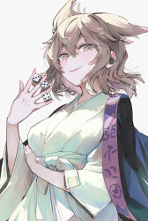 Rule 34 | 1girl, breasts, brown hair, commentary request, dice, grey background, grey eyes, holding dice, japanese clothes, kimono, looking at viewer, medium breasts, pointy hair, short hair, simple background, smile, solo, syuri22, touhou, toyosatomimi no miko, upper body, white kimono