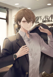 1boy artist_request black_jacket brown_eyes brown_hair buttons check_artist collared_shirt dress_shirt dressing earrings formal fuyuomi hair_between_eyes hand_up highres indoors jacket jewelry kagami_hayato kagami_hayato_(1st_costume) long_sleeves looking_at_viewer male_focus nijisanji official_art open_clothes open_jacket parted_lips pocket shirt short_hair smile solo suit upper_body virtual_youtuber watch white_shirt window