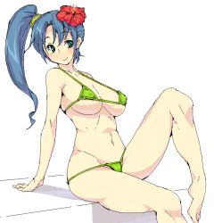Rule 34 | 1girl, amami amayu, arm support, barefoot, bikini, blue hair, breasts, feet, flower, hair flower, hair ornament, hibiscus, large breasts, leg up, long hair, micro bikini, ponytail, side ponytail, simple background, sitting, smile, solo, swimsuit, white background