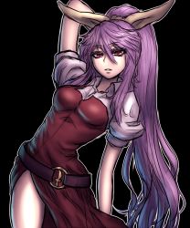 Rule 34 | 1girl, arm behind head, belt, black background, breasts, colored eyelashes, dress, hair ribbon, leaning, leaning to the side, long hair, looking at viewer, miata (miata8674), parted lips, ponytail, puffy short sleeves, puffy sleeves, purple hair, red dress, red eyes, ribbon, short sleeves, simple background, sketch, solo, touhou, very long hair, watatsuki no yorihime