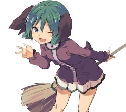 Rule 34 | 1girl, animal ears, aqua eyes, bad id, bad twitter id, bent over, blush, breasts, broom, cowboy shot, dog ears, dress, green hair, hair between eyes, happy, hasebe yuusaku, holding, holding broom, kasodani kyouko, long sleeves, looking at viewer, one eye closed, open mouth, outline, purple dress, short hair, simple background, skirt, small breasts, smile, solo, thighs, touhou, v, white background, white skirt