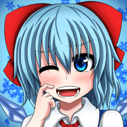 Rule 34 | 1girl, blue eyes, blue hair, blush, bow, cirno, finger to face, hair bow, one eye closed, portrait, short hair, suikyou (aqua cities), touhou, wings
