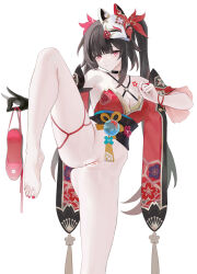 Rule 34 | 1girl, bar censor, bare shoulders, barefoot, bell, black choker, bow, breasts, censored, choker, cleavage, dress, gloves, hair bow, highres, honkai: star rail, honkai (series), legs up, liangfen, long hair, looking at viewer, mask, mask on head, medium breasts, neck bell, pink eyes, red bow, red dress, sleeveless, smile, solo, sparkle (honkai: star rail), twintails