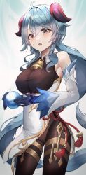 Rule 34 | 1girl, :o, ahoge, bare shoulders, bell, black leotard, blue gloves, blue hair, blush, bodystocking, bodysuit, breasts, brown pantyhose, chinese knot, covered erect nipples, cowboy shot, detached sleeves, flower knot, ganyu (genshin impact), genshin impact, gloves, gold trim, groin, gusim, highres, horns, large breasts, leotard, leotard under clothes, long hair, low ponytail, neck bell, open mouth, orb, pantyhose, purple eyes, sidelocks, solo, standing, tassel, thighlet, thighs, white sleeves