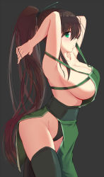 Rule 34 | 1girl, akali, arched back, armpits, arms behind head, arms up, black background, black panties, black thighhighs, breasts, brown hair, chinese commentary, cleavage, closed mouth, collarbone, commentary request, cowboy shot, dress, from side, green dress, green eyes, green ribbon, hair flowing over, hair ribbon, hands in hair, high ponytail, highleg, highleg panties, highres, hip focus, large breasts, league of legends, leaning forward, long hair, looking at viewer, no gloves, panties, pantyshot, pao mian+dan, ponytail, ribbon, sideboob, sidelocks, simple background, sleeveless, sleeveless dress, solo, standing, strap, tabard, thighhighs, thighs, underwear, very long hair