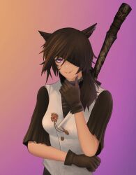 Rule 34 | 1girl, animal ears, brown hair, cat ears, cat girl, colorized, final fantasy, final fantasy xiv, gloves, highres, jewelry, one eye covered, original, purple eyes, short hair, side ponytail, simple background, smile, solo, sword, tattoo, thinking, weapon, yago rilla
