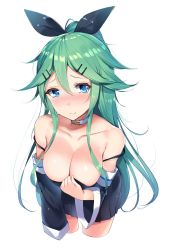 Rule 34 | 10s, alternate breast size, bare shoulders, blue eyes, blush, bow, breasts, choker, cleavage, closed mouth, collarbone, cowboy shot, cropped legs, detached sleeves, embarrassed, green hair, hair between eyes, hair bow, hair ornament, hairclip, highres, kantai collection, large breasts, leaning forward, long hair, looking at viewer, orihi chihiro, pleated skirt, ponytail, sidelocks, simple background, skirt, solo, strap slip, tears, wavy mouth, white background, yamakaze (kancolle)