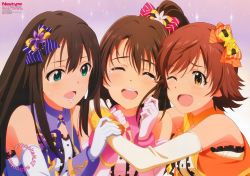 Rule 34 | 10s, 3girls, :d, :o, ;d, ;o, ^ ^, black hair, blush, bow, brown hair, closed eyes, crying, elbow gloves, closed eyes, female focus, friends, girl sandwich, gloves, group hug, hair bow, hair ornament, hair ribbon, happy tears, honda mio, hug, idol, idolmaster, idolmaster cinderella girls, long hair, looking at another, multiple girls, new generations, newtype, official art, one eye closed, one side up, open mouth, ribbon, sandwiched, shibuya rin, shimamura uzuki, short hair, smile, tears, upper body, wince