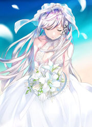 Rule 34 | 1girl, azur lane, bad id, bad pixiv id, bare shoulders, bouquet, breasts, bridal veil, center opening, closed eyes, crown, dress, dunkerque (azur lane), flower, grey hair, hair ornament, highres, holding, holding bouquet, long dress, medium breasts, petals, sleeveless, sleeveless dress, solo, toto, veil, wedding dress, white dress, white flower, white petals