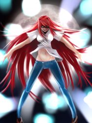 Rule 34 | 00s, 1girl, aozaki aoko, bad id, bad pixiv id, black maria, denim, fang, full moon, groin, highres, impossible clothes, jeans, legs apart, long hair, melty blood, moon, navel, panties, pants, red hair, solo, tsukihime, type-moon, underwear, wide stance