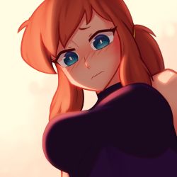 Rule 34 | 1girl, a hat in time, blue eyes, blush, breasts, bright pupils, brown hair, closed mouth, embarrassed, hat kid, highres, large breasts, looking at viewer, pov, short hair, short ponytail, sidelocks, solo, white pupils, xyronii